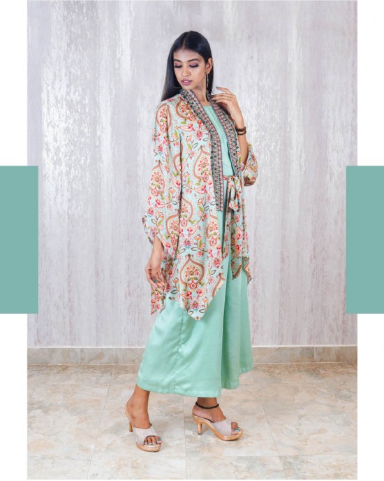 Light Blue Jumpsuit paired with a bell sleeve open jacket and belt (TZ1005)