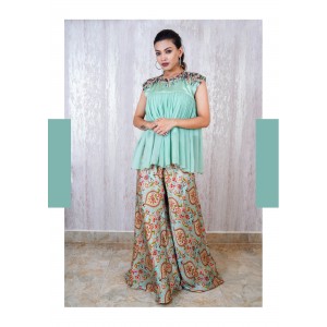 Light Blue Peplum top with gathers paired with a flaired pallazo (TZ1003)