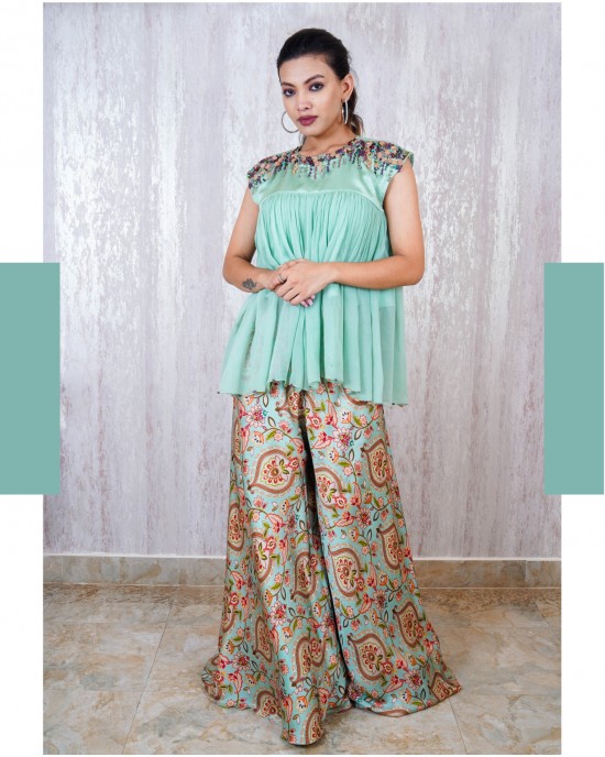 Light Blue Peplum top with gathers paired with a flaired pallazo (TZ1003)