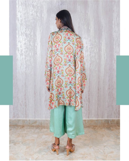 Light Blue Jumpsuit paired with a bell sleeve open jacket and belt (TZ1005)
