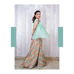 Light Blue Peplum top with gathers paired with a flaired pallazo (TZ1003)