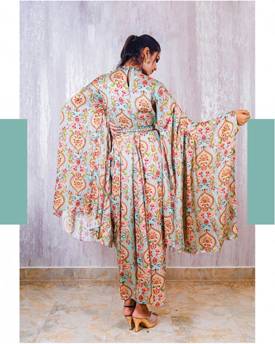 Light Blue One Piece with Pleated Flaired Sleeves (TZ1009)